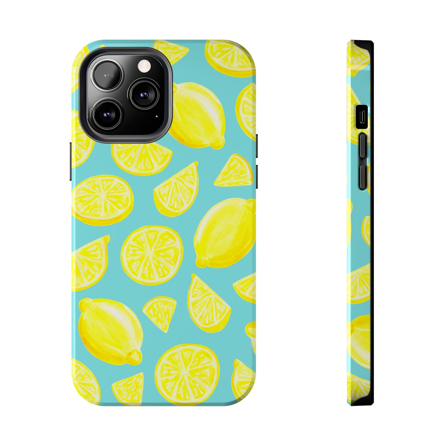 Bright Yellow Lemons Watercolor Illustrated Tossed Pattern Turquoise Blue Tough Phone Case | Various Models