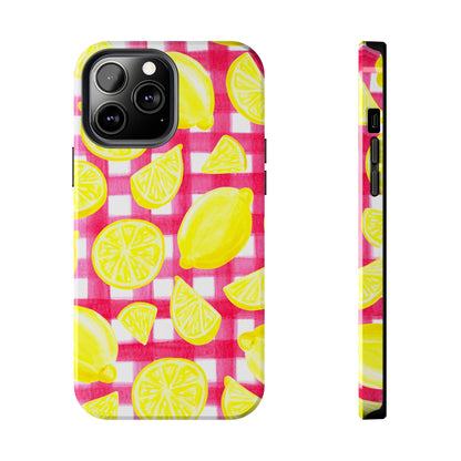Yellow Lemons & Hot Pink Gingham Watercolor Illustrated Tough Phone Case | Various Models Available