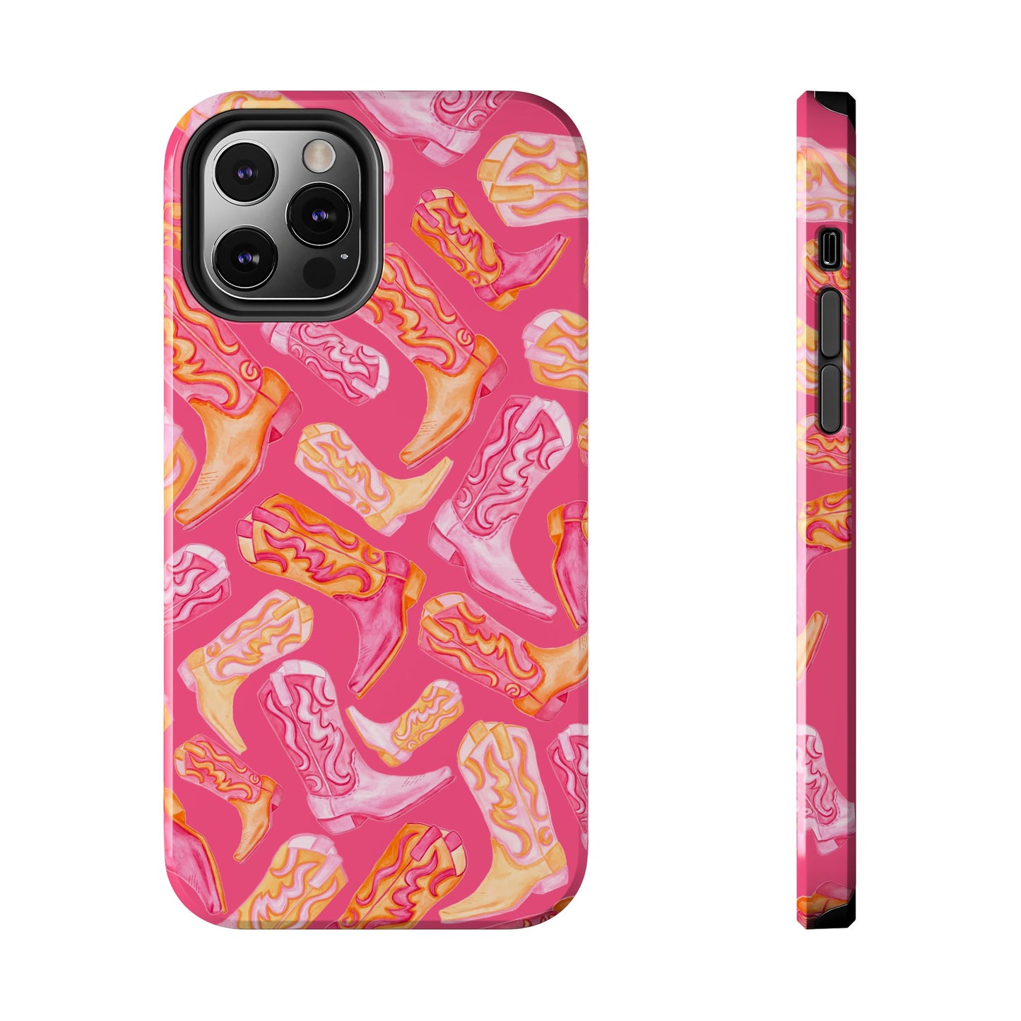 Tossed Hot Pink & Orange Watercolor Cowboy Boots Hot Pink Tough Phone Cases | Various Models iPhone 12 Pro