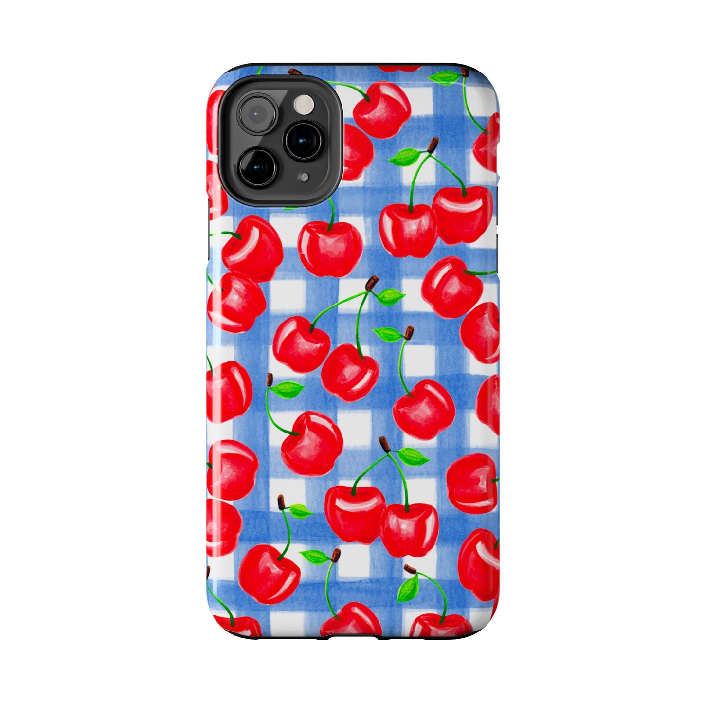 Tossed Red Cherries Blue Gingham Checkered Watercolor Illustrated Tough Phone Case | Various Models