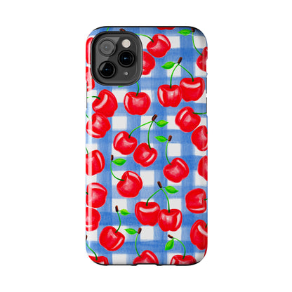 Tossed Red Cherries Blue Gingham Checkered Watercolor Illustrated Tough Phone Case | Various Models