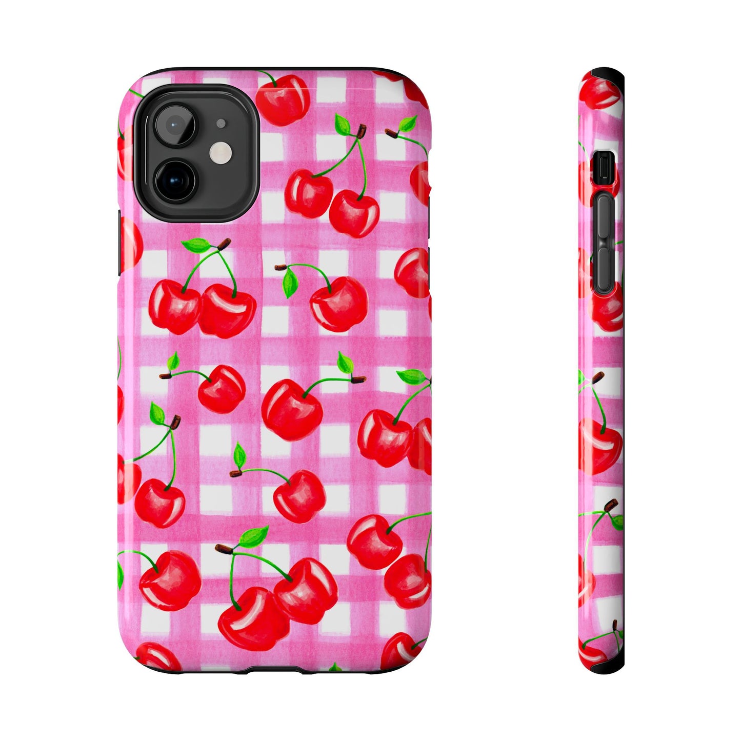 Tossed Red Watercolor Cherries Illustrated Pattern Light Pink Gingham Tough Phone Case | Various Models