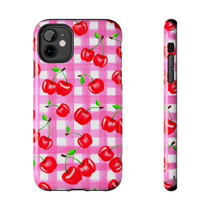 Tossed Red Watercolor Cherries Illustrated Pattern Light Pink Gingham Tough Phone Case | Various Models