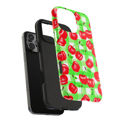 Red Tossed Cherries Green Gingham Watercolor Illustrated Tough Phone Case | Various Models Available