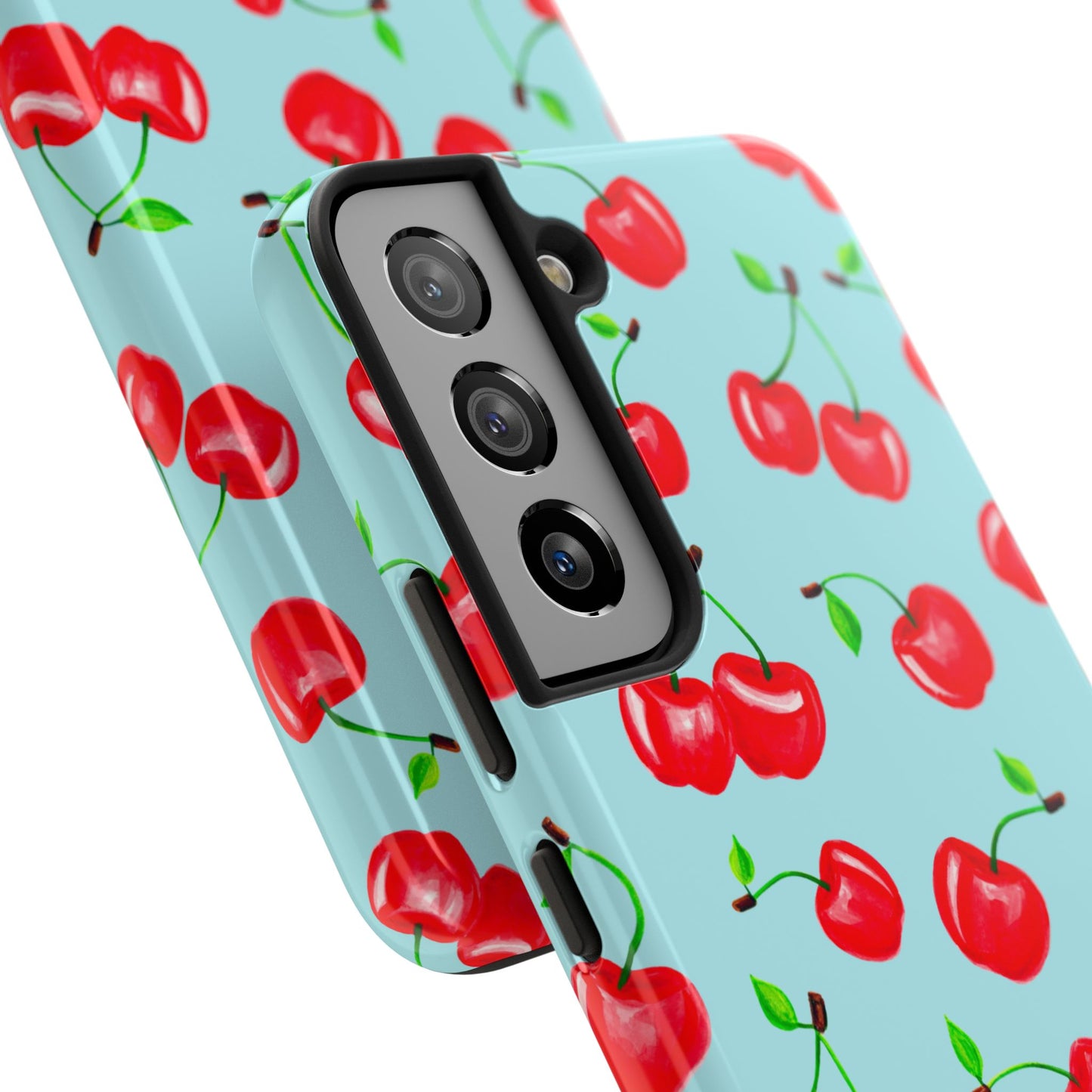 Tossed Red Watercolor Cherries Illustrated Pattern Bright Blue Tough Phone Case | Various Models