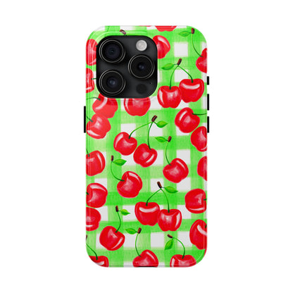 Red Tossed Cherries Green Gingham Watercolor Illustrated Tough Phone Case | Various Models Available