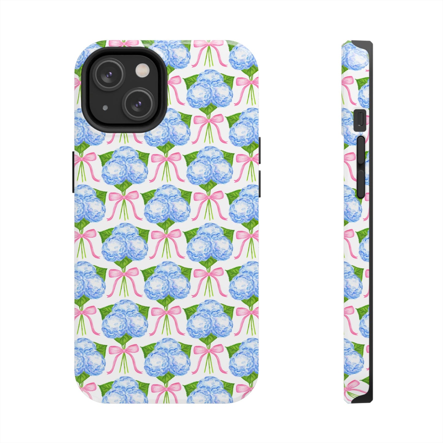 Blue Watercolor Hydrangea Bouqets with Light Pink Bows Watercolor Illustrated Patterned Tough Phone Case | Various Models