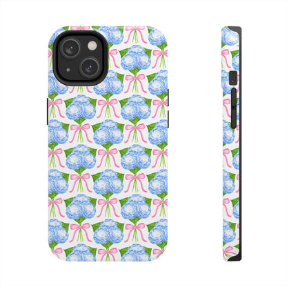 Blue Watercolor Hydrangea Bouqets with Light Pink Bows Watercolor Illustrated Patterned Tough Phone Case | Various Models