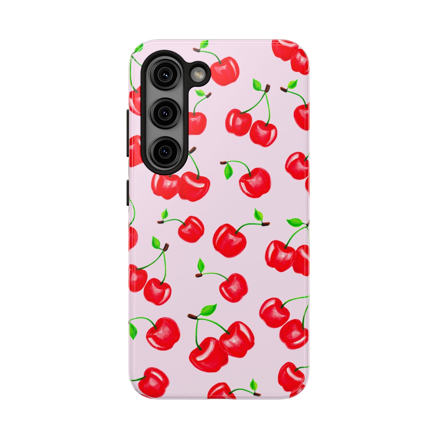Tossed Red Watercolor Cherries Illustrated Pattern Light Pink Tough Phone Case | Various Models