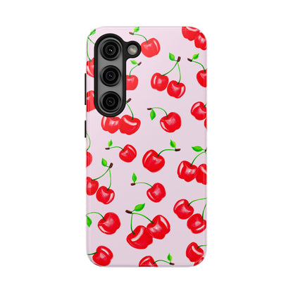Tossed Red Watercolor Cherries Illustrated Pattern Light Pink Tough Phone Case | Various Models