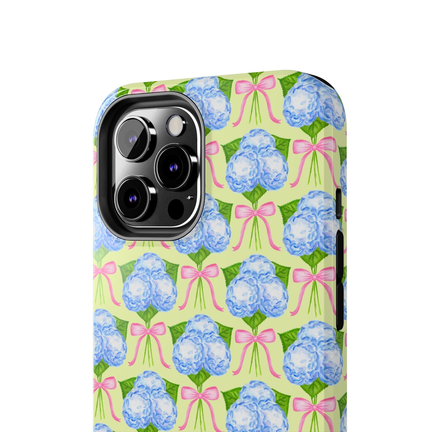Blue Watercolor Hydrangea Bouquets with Light Pink Bows Watercolor Illustrated Patterned Yellow Tough Phone Case | Various Models