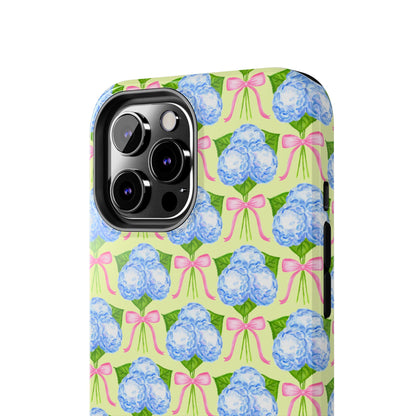 Blue Watercolor Hydrangea Bouquets with Light Pink Bows Watercolor Illustrated Patterned Yellow Tough Phone Case | Various Models