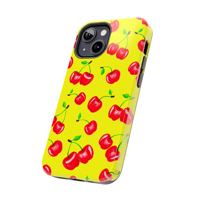 Tossed Red Watercolor Cherries Illustrated Pattern Bright Yellow Tough Phone Case | Various Models