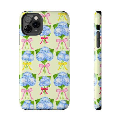 Blue Hydrangeas with Hot Pink, Yellow, Light Pink Bows Watercolor Illustrated Patterned Light Yellow Tough Phone Case | Various Models