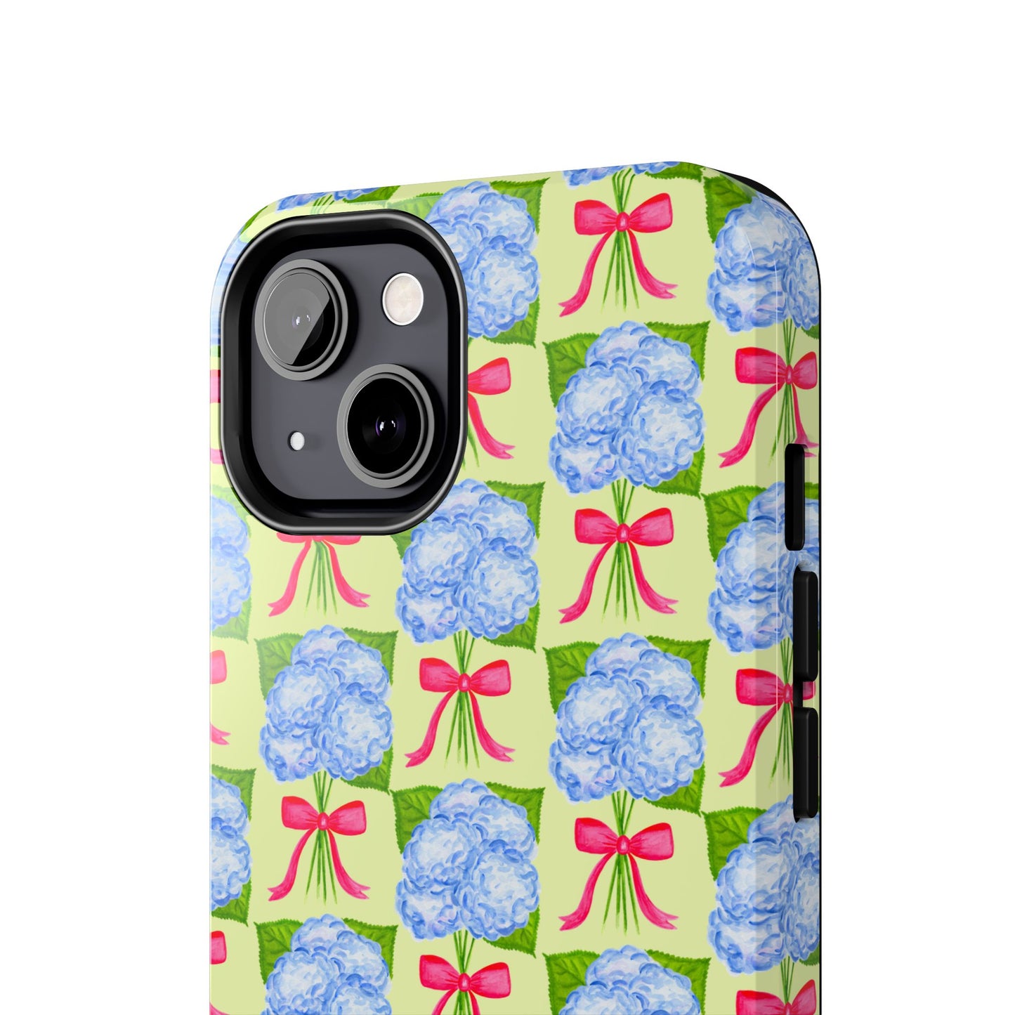 Blue Watercolor Hydrangea Bouquets with Hot Pink Bows Illustrated Patterned Yellow Preppy Grand Millenial Tough Phone Case | Various Models
