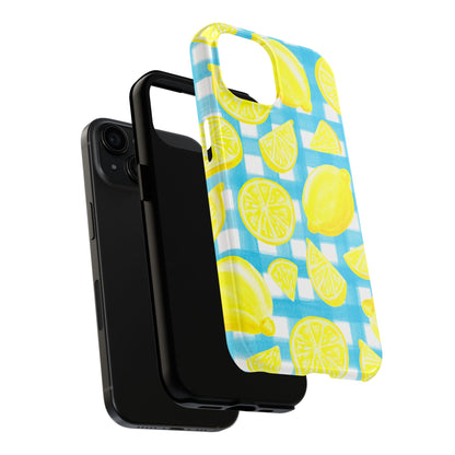 Yellow Lemons & Turquoise Gingham Watercolor Illustrated Tough Phone Case | Various Models Available