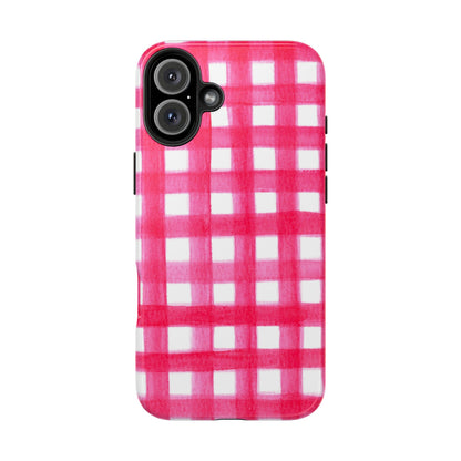 Hot Pink Gingham Watercolor Preppy Tough Phone Case | Various models iPhone 16 Plus