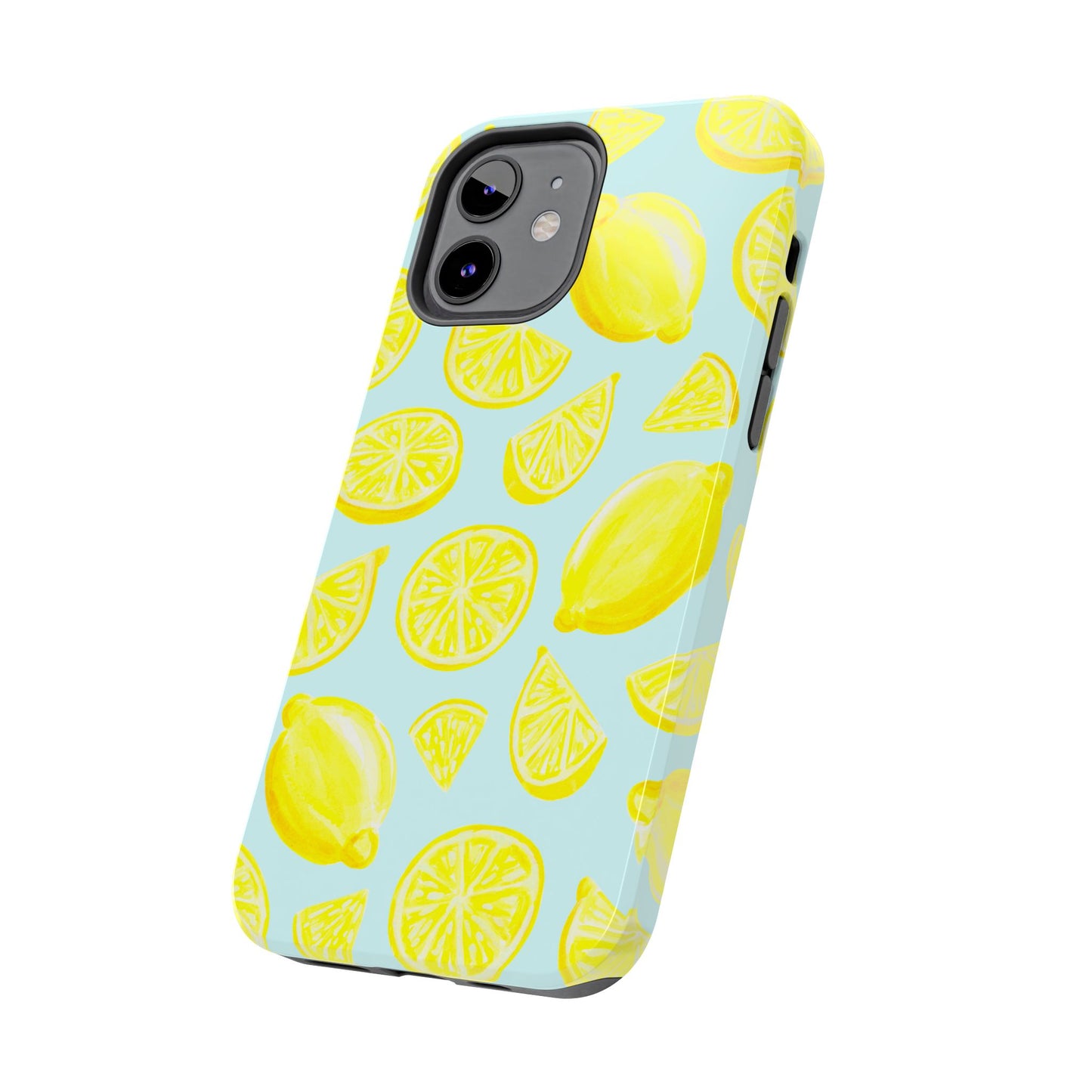 Bright Yellow Lemons Watercolor Illustrated Tossed Pattern Light Blue Tough Phone Case | Various Models