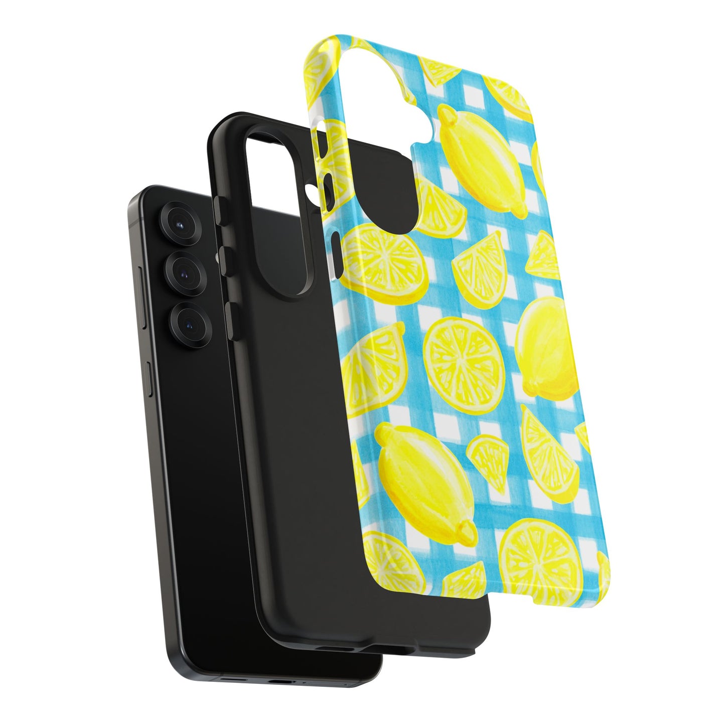 Bright Yellow Lemons Watercolor Illustrated Tossed Pattern Turquoise Gingham Tough Phone Case | Various Models