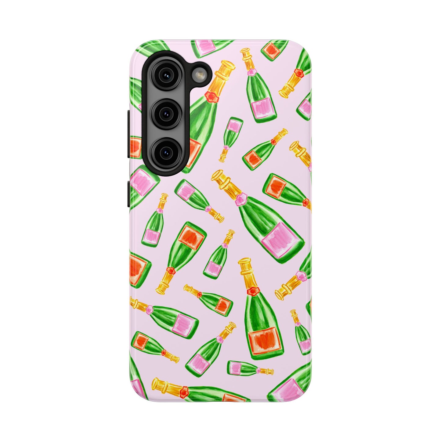Tossed Pink and Green & Orange and Green Watercolor Illustrated Champagne Bottles Pattern Blush Pink Tough Phone Case | Various Models