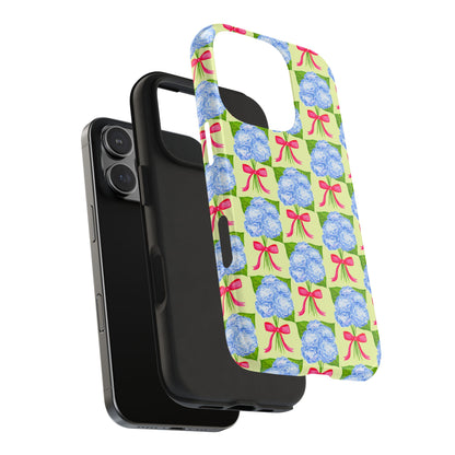 Blue Watercolor Hydrangea Bouquets with Hot Pink Bows Illustrated Patterned Yellow Preppy Grand Millenial Tough Phone Case | Various Models