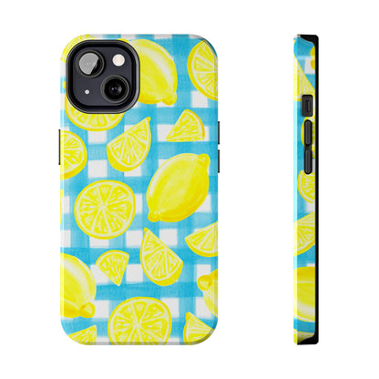 Yellow Lemons & Turquoise Gingham Watercolor Illustrated Tough Phone Case | Various Models Available