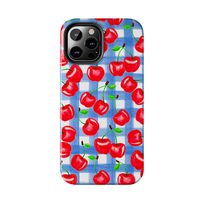 Tossed Red Cherries Blue Gingham Checkered Watercolor Illustrated Tough Phone Case | Various Models