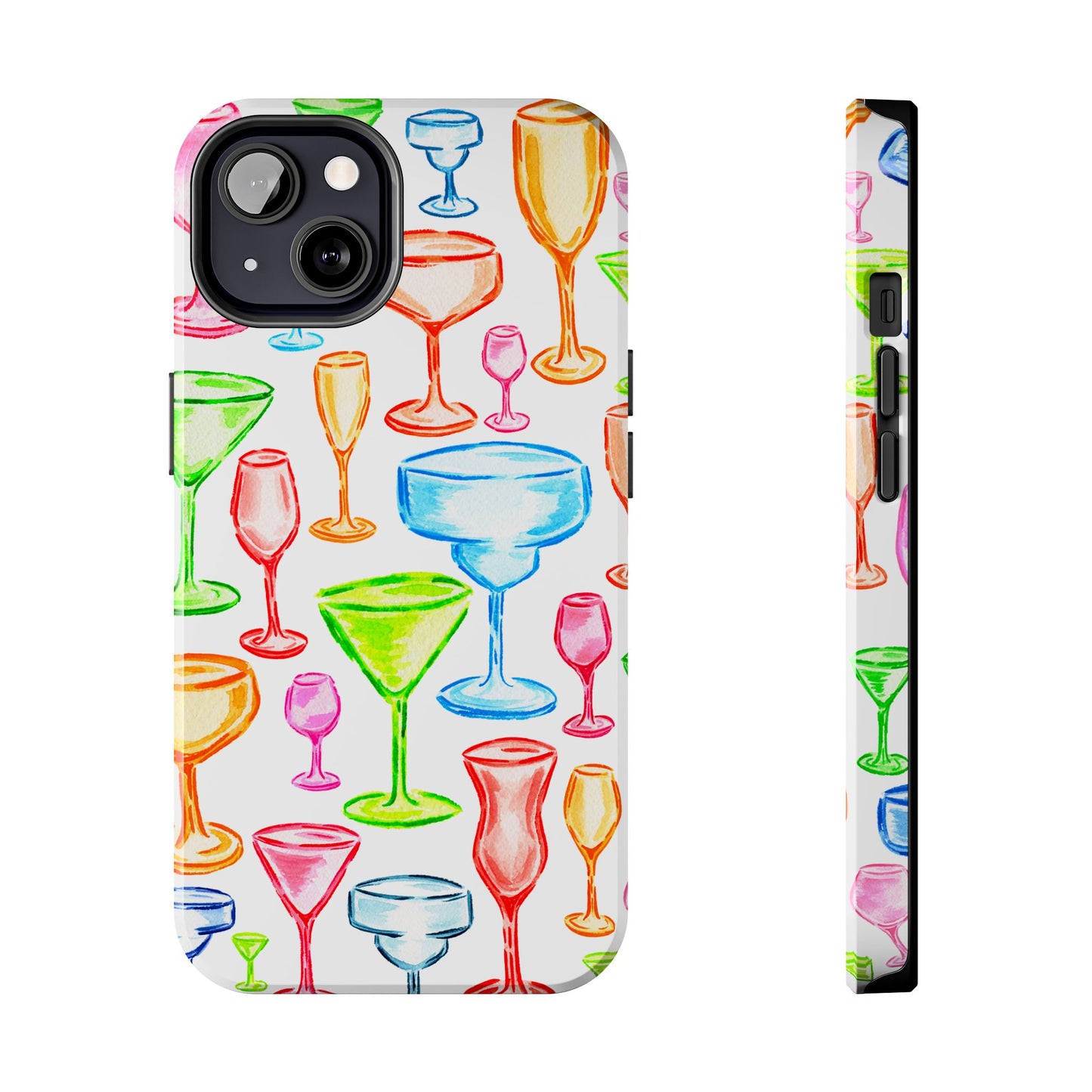 Monochromatic Margarita, Wine, Martini, and Champagne Flute Cocktail Glasses Watercolor Illustrated Tough Phone Case | Various Models Available