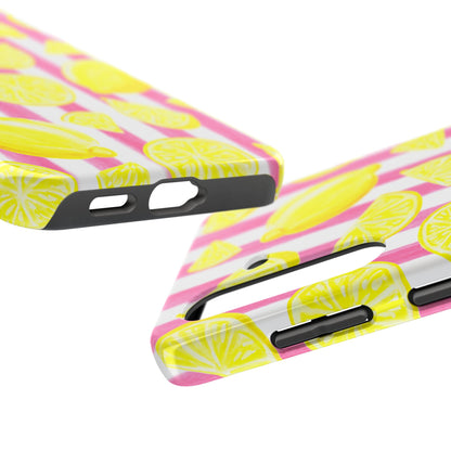 Pink Lemonade Yellow Lemons with Pink & White Watercolor Stripes Tough Phone Case