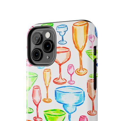 Monochromatic Margarita, Wine, Martini, and Champagne Flute Cocktail Glasses Watercolor Illustrated Tough Phone Case | Various Models Available