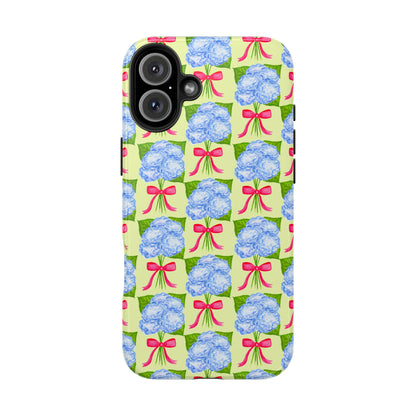 Blue Watercolor Hydrangea Bouquets with Hot Pink Bows Illustrated Patterned Yellow Preppy Grand Millenial Tough Phone Case | Various Models