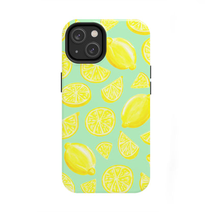 Bright Yellow Lemons Watercolor Illustrated Tossed Pattern Mint Green Tough Phone Case | Various Models