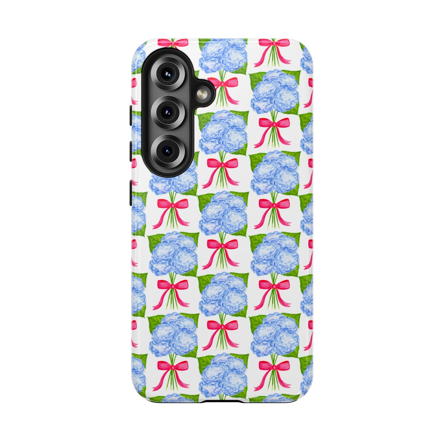 Blue Watercolor Hydrangea Bouquets with Hot Pink Bows Illustrated Patterned Tough Phone Case | Various Models