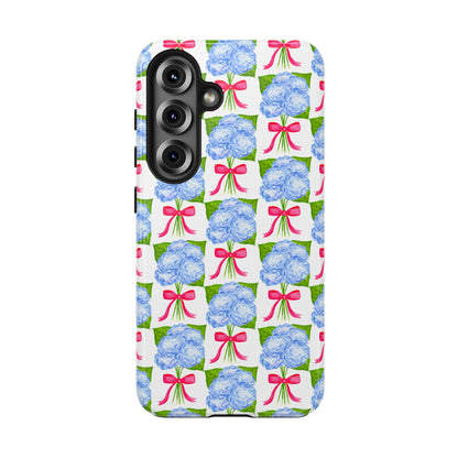 Blue Watercolor Hydrangea Bouquets with Hot Pink Bows Illustrated Patterned Tough Phone Case | Various Models
