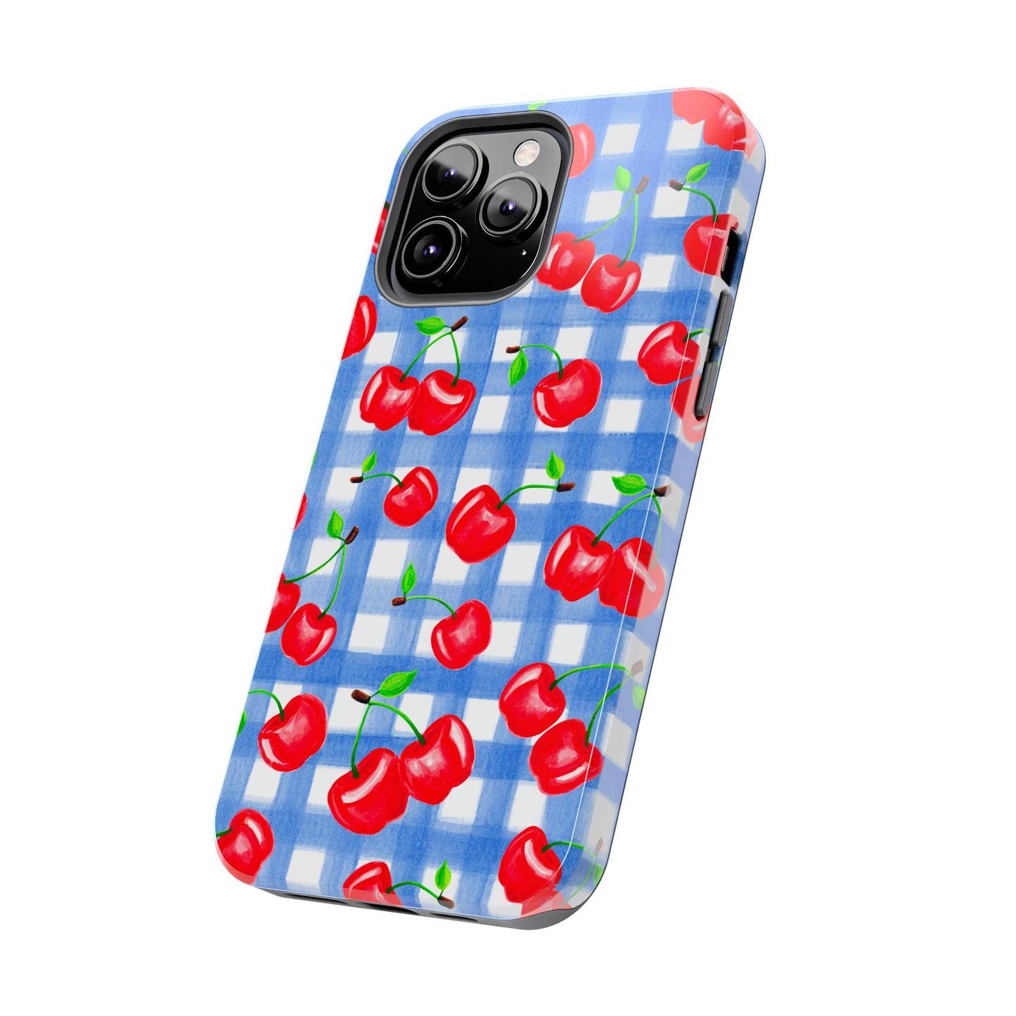 Tossed Red Watercolor Illustrated Cherries Light Blue Gingham Tough Phone Case | Various Models