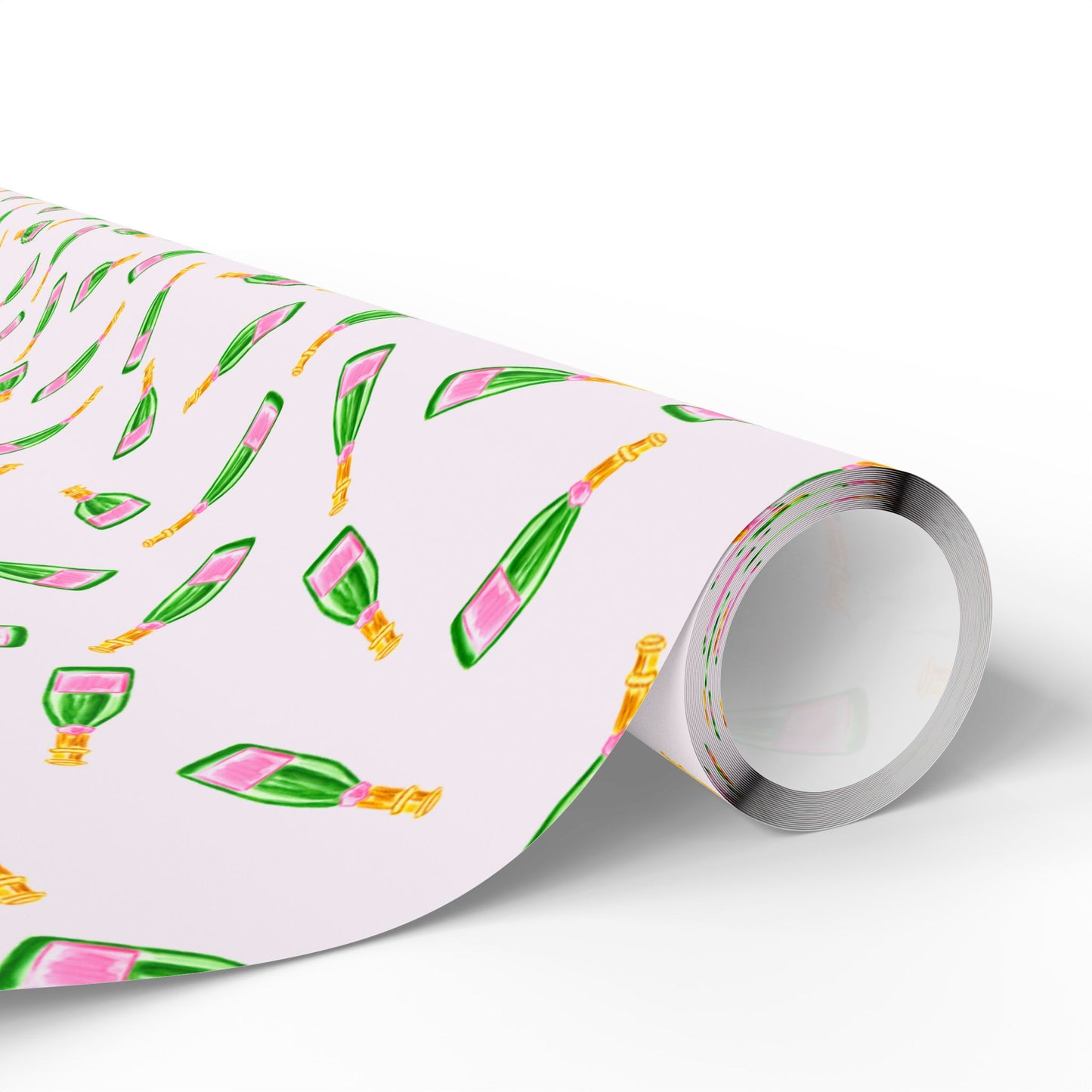 Gift Wrap | Blush Pink & Green Watercolor Champagne Bottles Tossed Pattern | Matte or Glossy | Birthday Bachelorette Preppy Gift Wrap