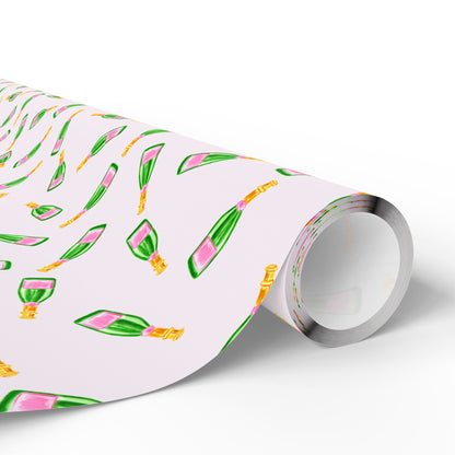 Gift Wrap | Blush Pink & Green Watercolor Champagne Bottles Tossed Pattern | Matte or Glossy | Birthday Bachelorette Preppy Gift Wrap