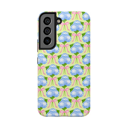 Blue Watercolor Hydrangea Bouquets with Light Pink Bows Watercolor Illustrated Patterned Yellow Tough Phone Case | Various Models