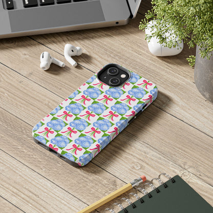 Blue Watercolor Hydrangea Bouquets with Hot Pink Bows Illustrated Patterned Tough Phone Case | Various Models