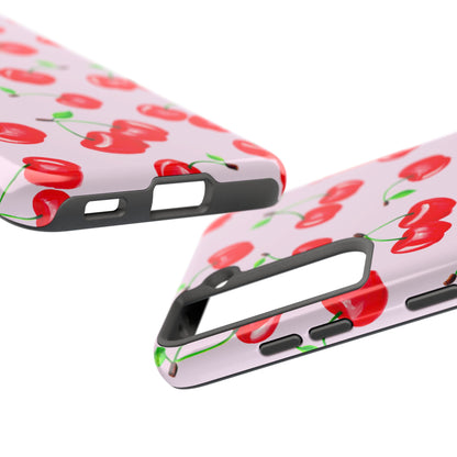 Tossed Red Watercolor Cherries Illustrated Pattern Light Pink Tough Phone Case | Various Models