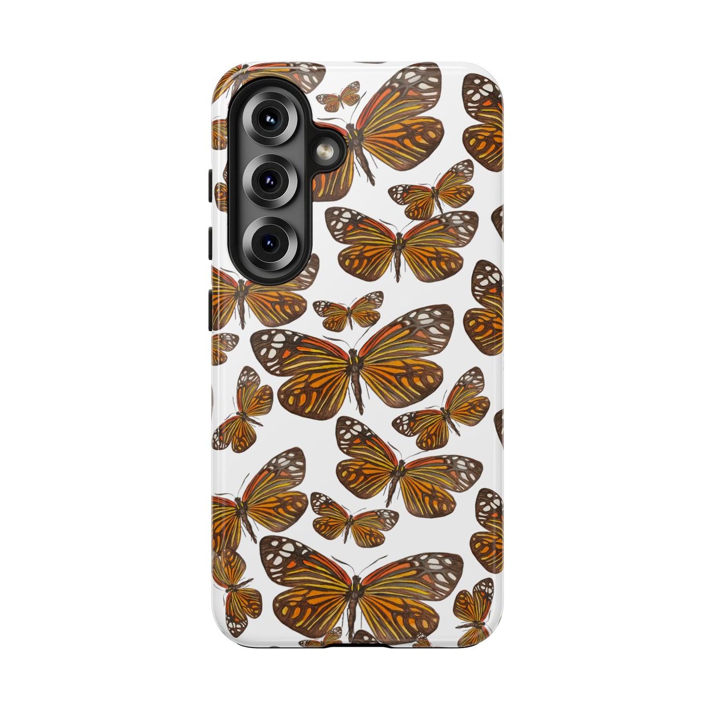 Black & Orange Butterfly Watercolor Illustrated Tossed Pattern Tough Phone Case | Various Models Samsung Galaxy S25