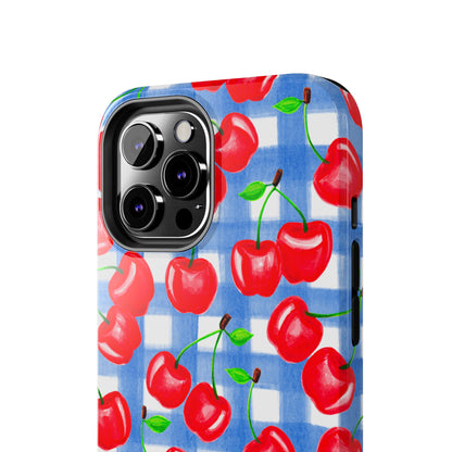 Tossed Red Cherries Blue Gingham Checkered Watercolor Illustrated Tough Phone Case | Various Models