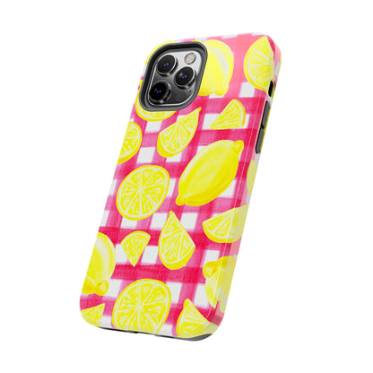 Yellow Lemons & Hot Pink Gingham Watercolor Illustrated Tough Phone Case | Various Models Available