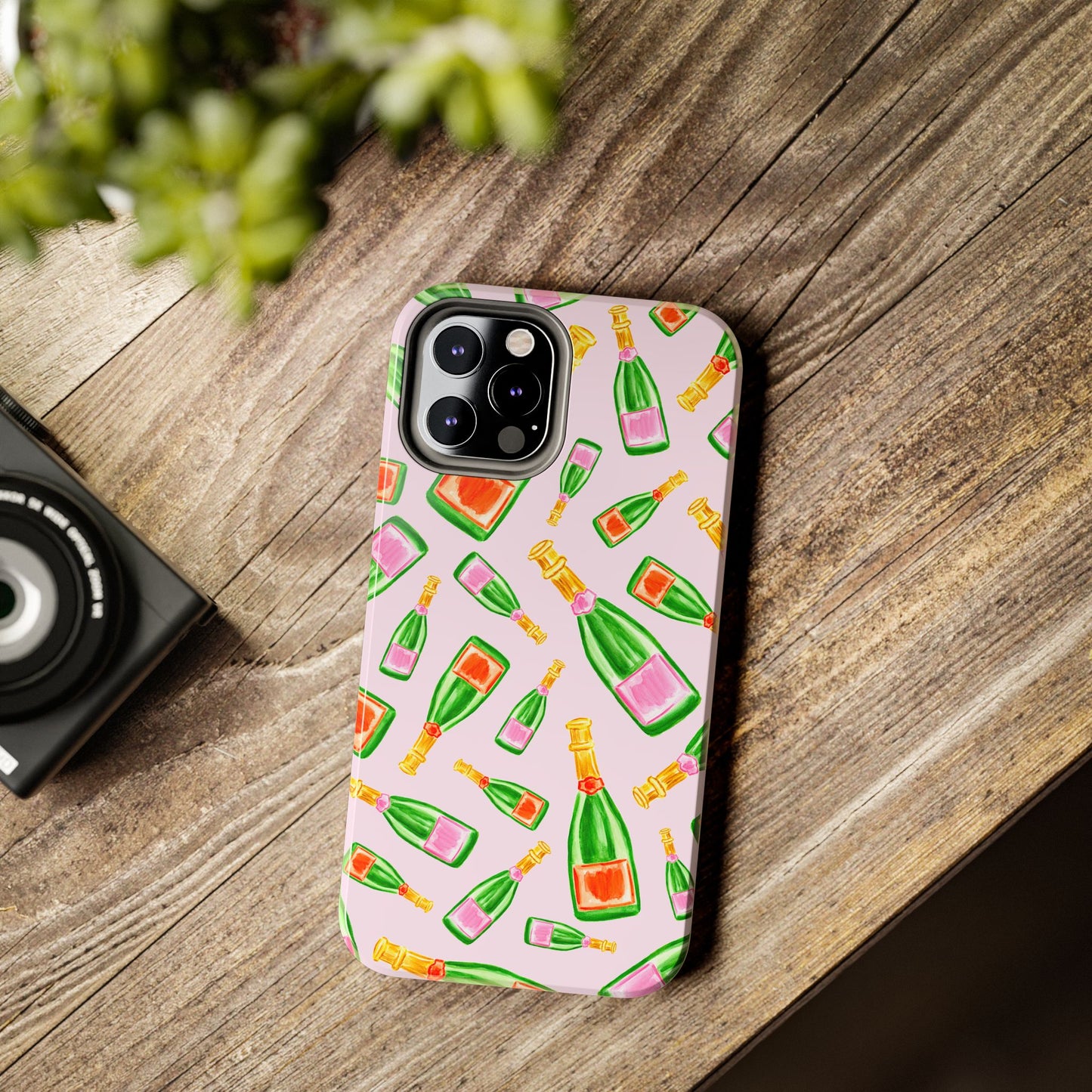 Tossed Pink and Green & Orange and Green Watercolor Illustrated Champagne Bottles Pattern Blush Pink Tough Phone Case | Various Models