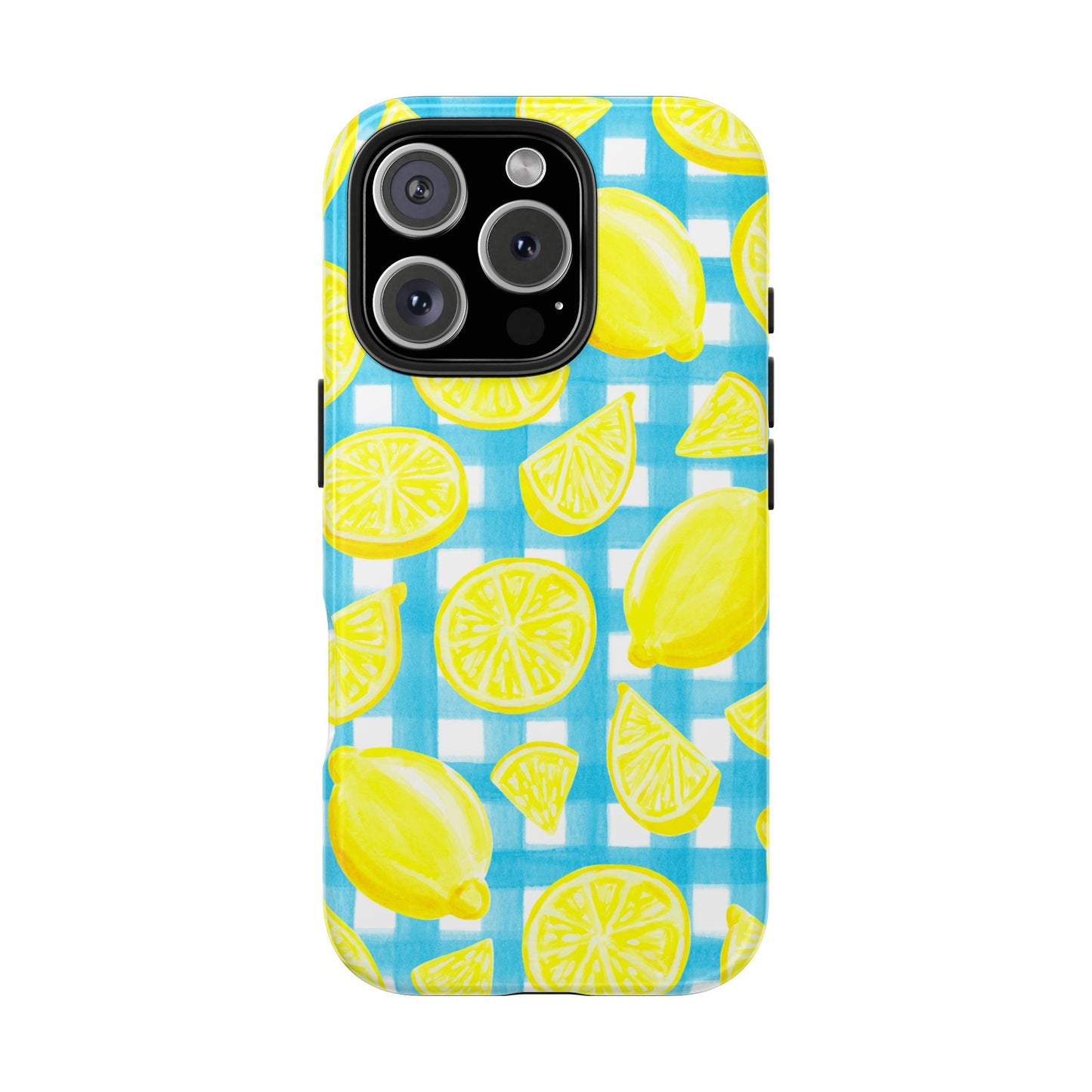 Bright Yellow Lemons Watercolor Illustrated Tossed Pattern Turquoise Gingham Tough Phone Case | Various Models