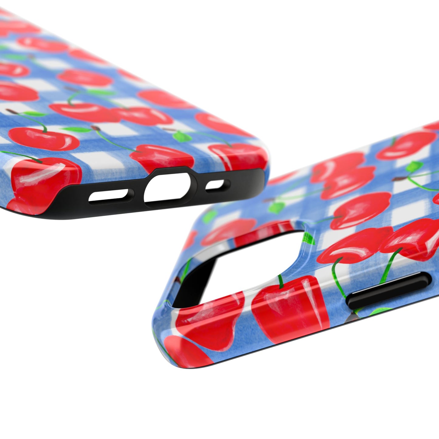 Tossed Red Cherries Blue Gingham Checkered Watercolor Illustrated Tough Phone Case | Various Models