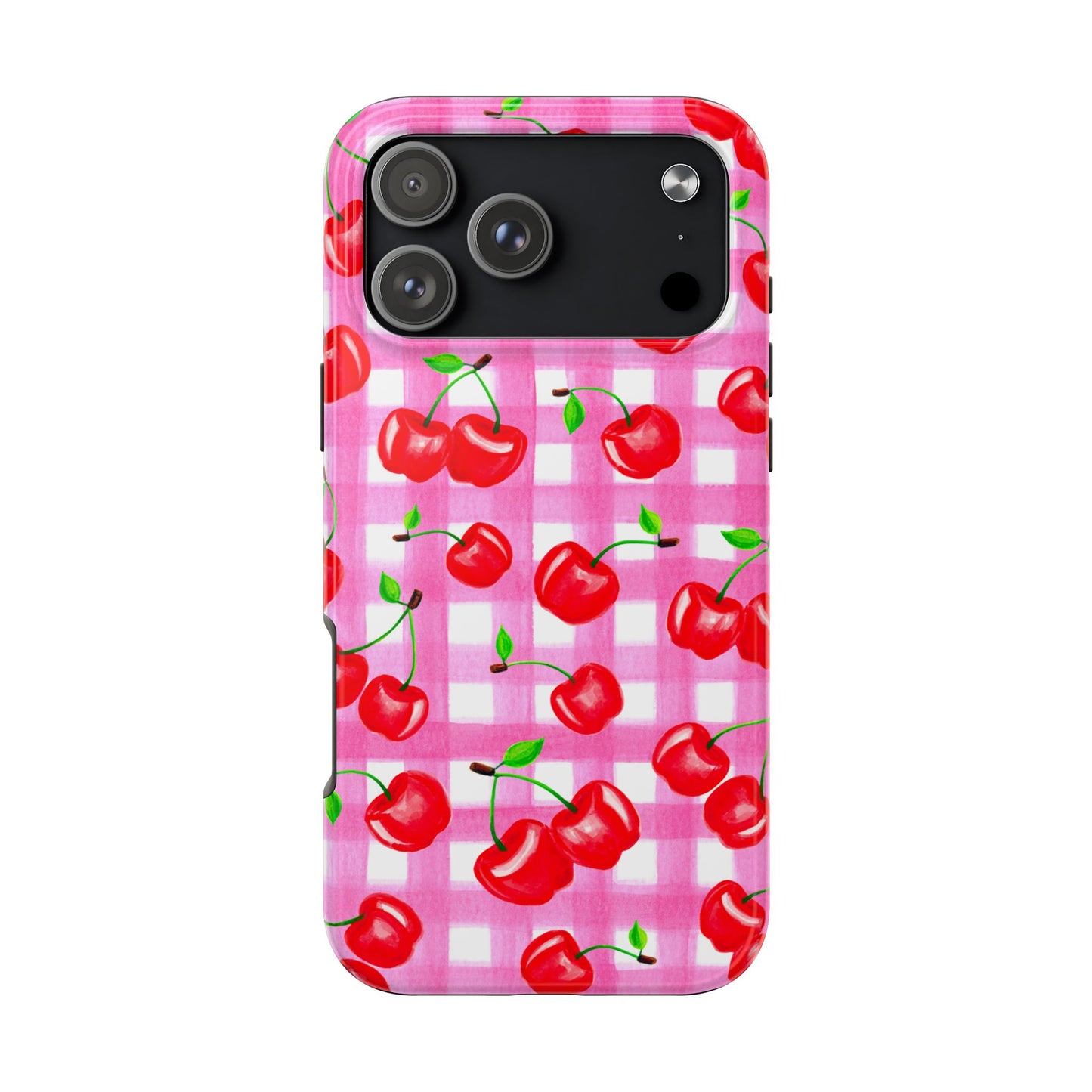 Tossed Red Watercolor Cherries Illustrated Pattern Light Pink Gingham Tough Phone Case | Various Models