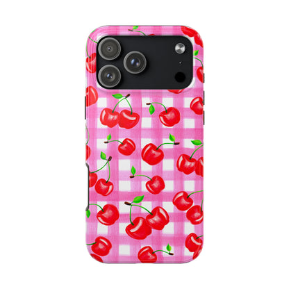Tossed Red Watercolor Cherries Illustrated Pattern Light Pink Gingham Tough Phone Case | Various Models