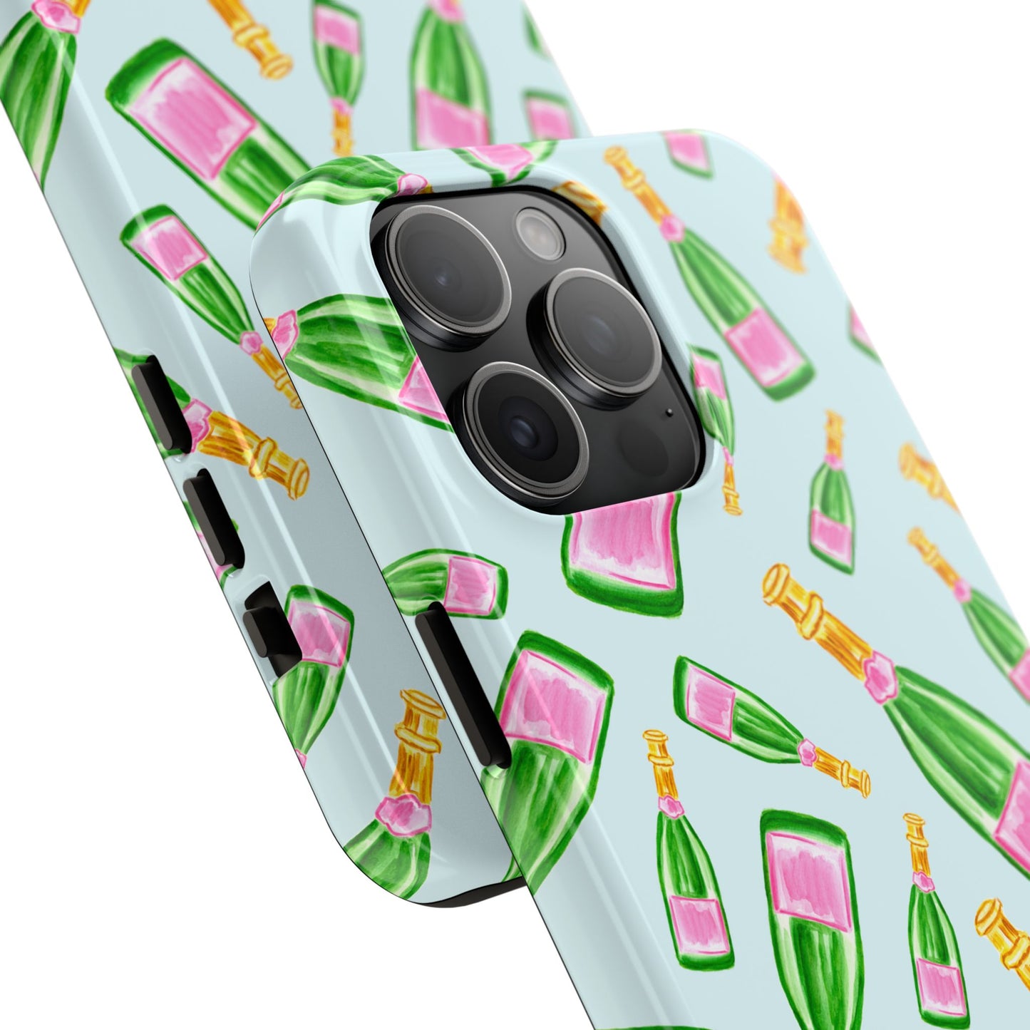 Tossed Pink and Green Watercolor Illustrated Champagne Bottles Pattern Light Blue Tough Phone Case | Various Models