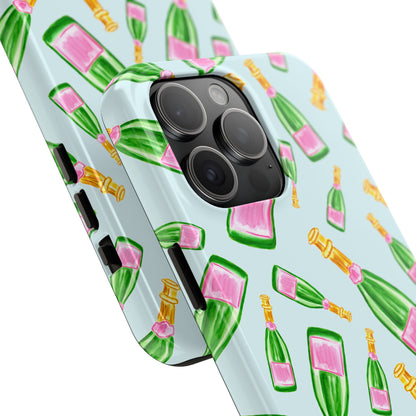 Tossed Pink and Green Watercolor Illustrated Champagne Bottles Pattern Light Blue Tough Phone Case | Various Models